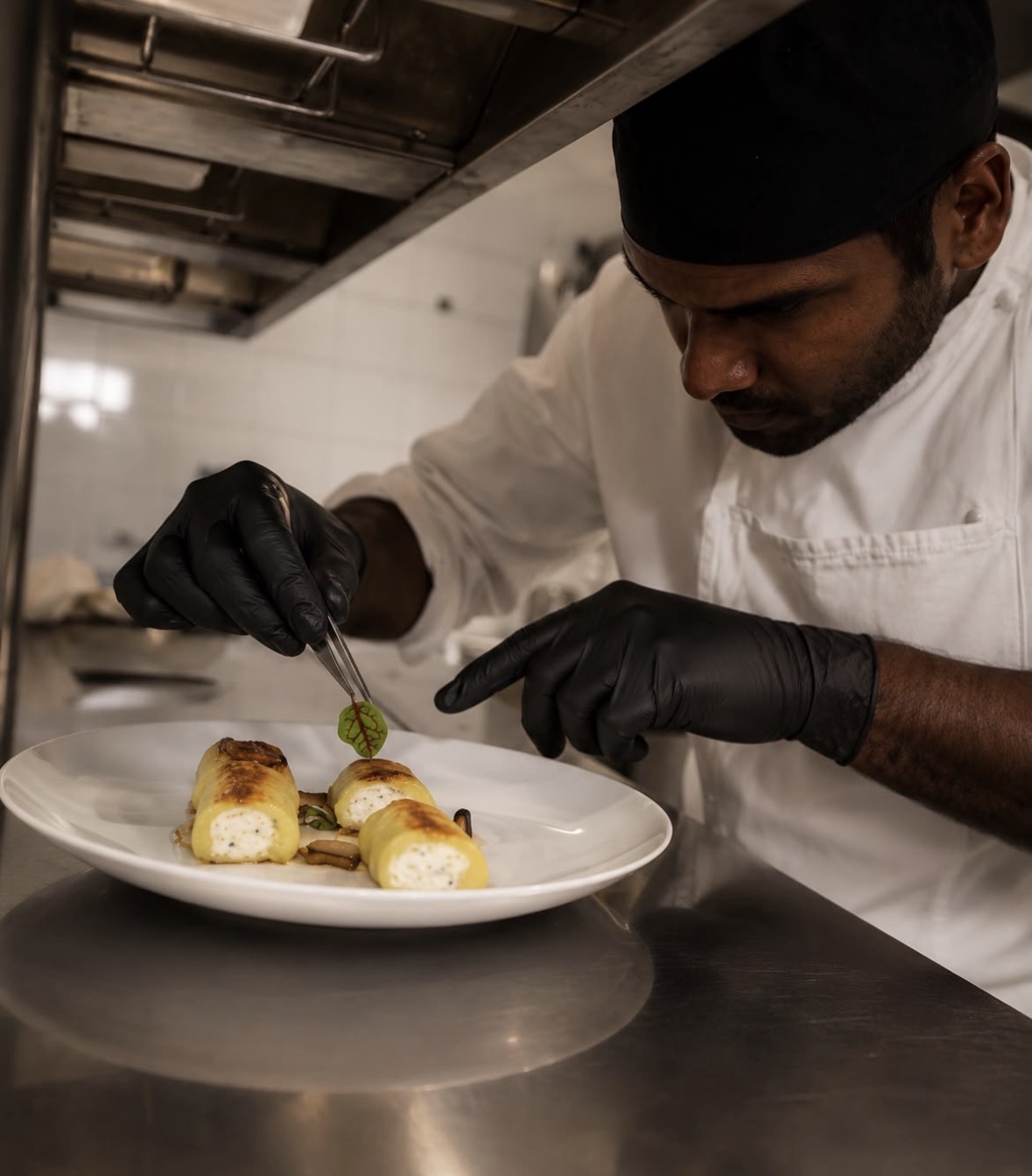 Chef Niran Di Blasio plating a signature dish